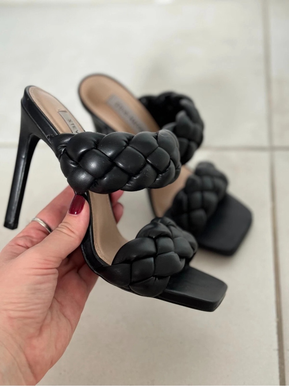 Steve Madden Black Braided Double-Strap Stiletto Mules